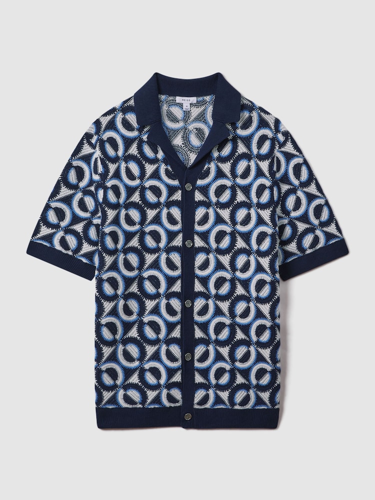 Reiss Navy Frenchie Crochet Cuban Collar Shirt - Image 2 of 7