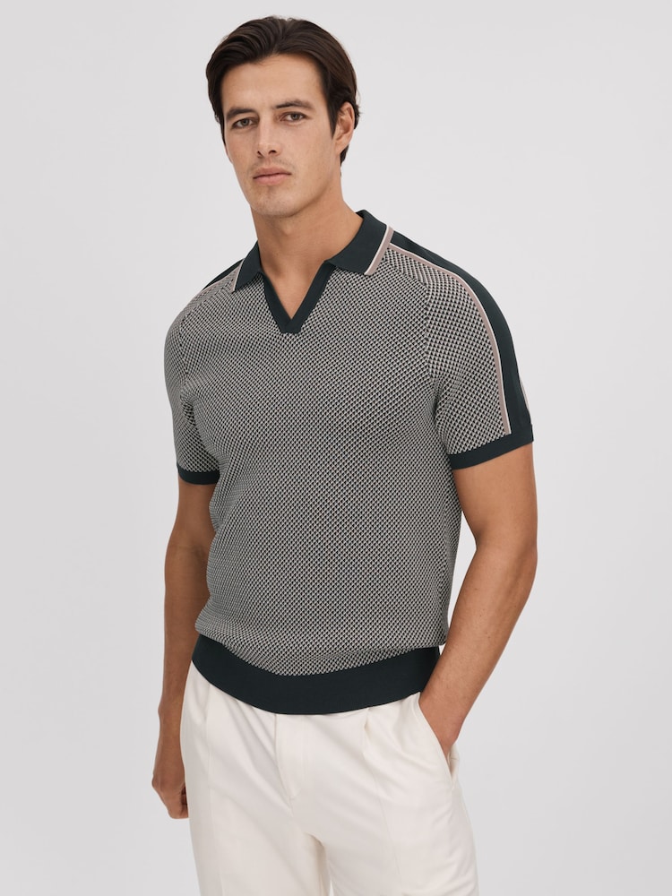 Reiss Hunting Green Brunswick Geometric Design Knitted Open Collar Shirt - Image 1 of 7