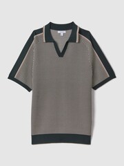 Reiss Hunting Green Brunswick Geometric Design Knitted Open Collar Shirt - Image 2 of 7