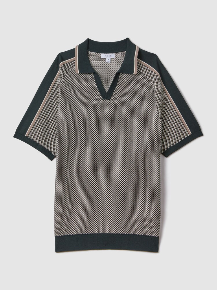 Reiss Hunting Green Brunswick Geometric Design Knitted Open Collar Shirt - Image 2 of 7