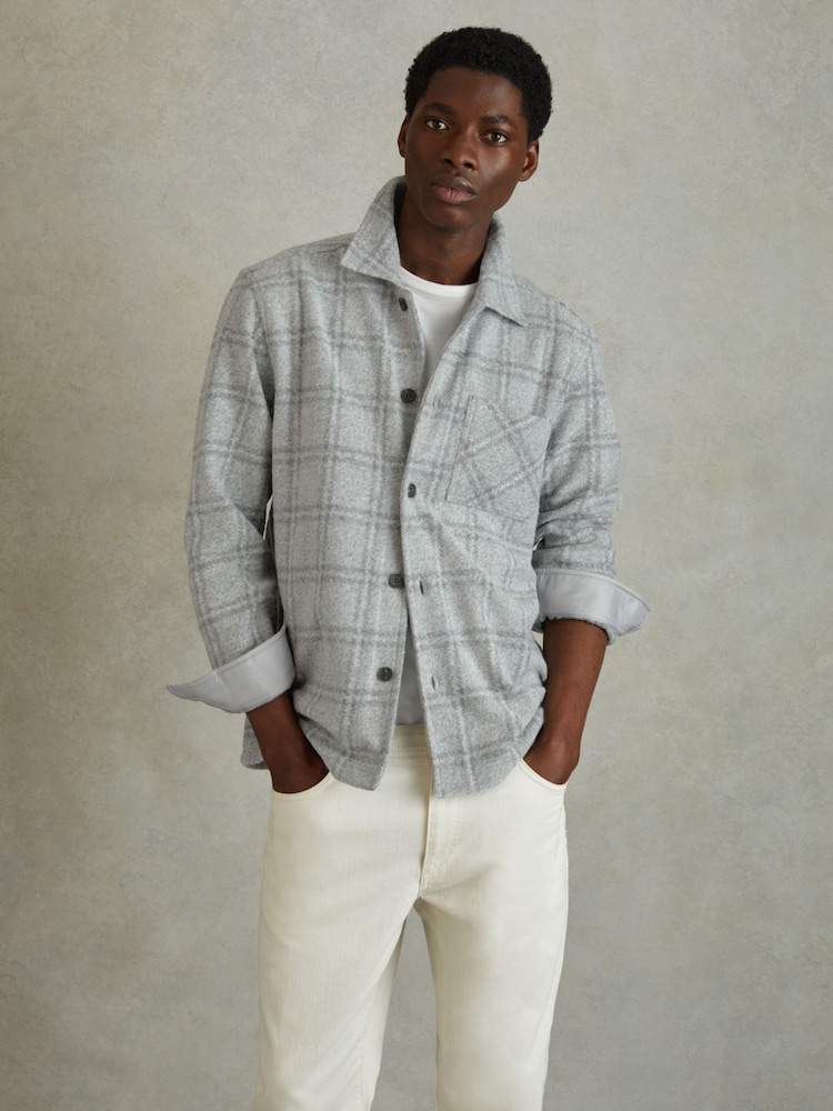 Reiss Soft Grey Olivier Brushed Check Overshirt - Image 1 of 5