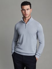 Reiss China Blue Blackhall Merino Wool Half-Zip Funnel Neck Jumper - Image 1 of 5