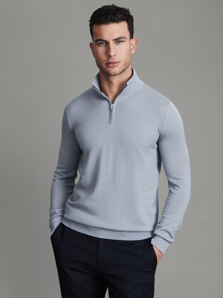 Reiss China Blue Blackhall Merino Wool Half-Zip Funnel Neck Jumper - Image 1 of 5