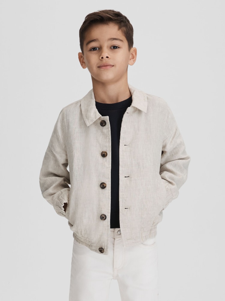 Reiss Stone Cadiz 3-9 yrs Linen Elasticated Trim Bomber Jacket - Image 1 of 6