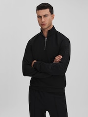 Reiss Black Williams Interlock Jersey Half-Zip Funnel Neck Sweatshirt - Image 1 of 7