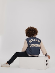Reiss Airforce Blue/Stone Arkan Senior Colourblock Varsity Bomber Jacket With Linen - Image 1 of 4