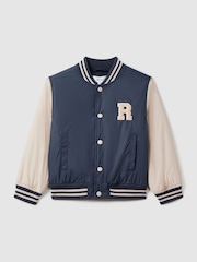 Reiss Airforce Blue/Stone Arkan Senior Colourblock Varsity Bomber Jacket With Linen - Image 2 of 4