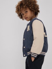 Reiss Airforce Blue/Stone Arkan Senior Colourblock Varsity Bomber Jacket With Linen - Image 3 of 4