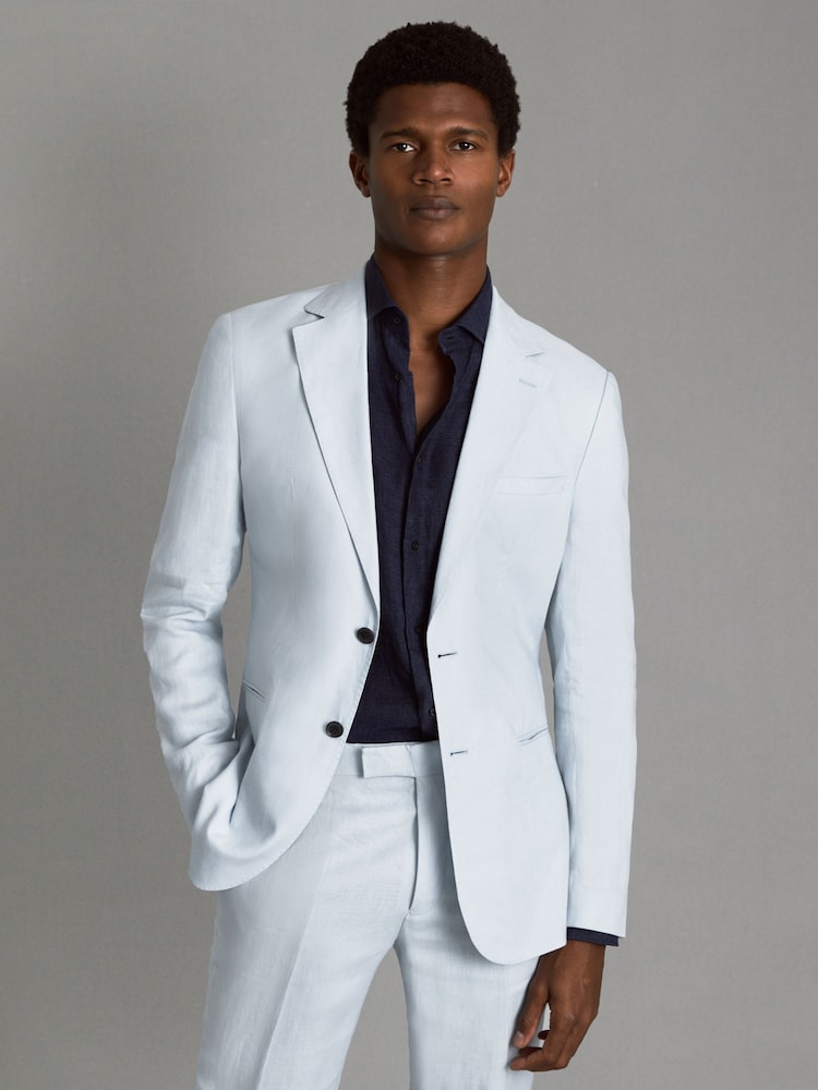 Zartblau - Reiss Kin Einreihiger Leinen-Blazer in schmaler Passform - Bild 1 von 6
