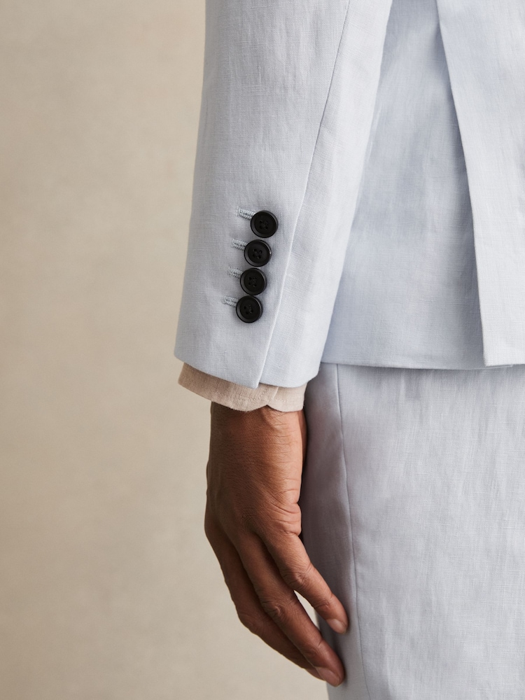 Reiss Soft Blue Kin Single-Breasted Linen Suit Blazer Slim Fit - Image 5 of 6