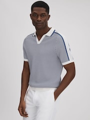 Reiss Airforce Blue Brunswick Geometric Design Open-Collar Shirt - Image 1 of 6