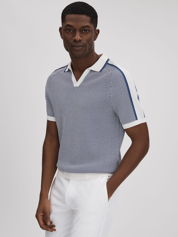 Reiss Airforce Blue Brunswick Geometric Design Open-Collar Shirt - Image 1 of 6