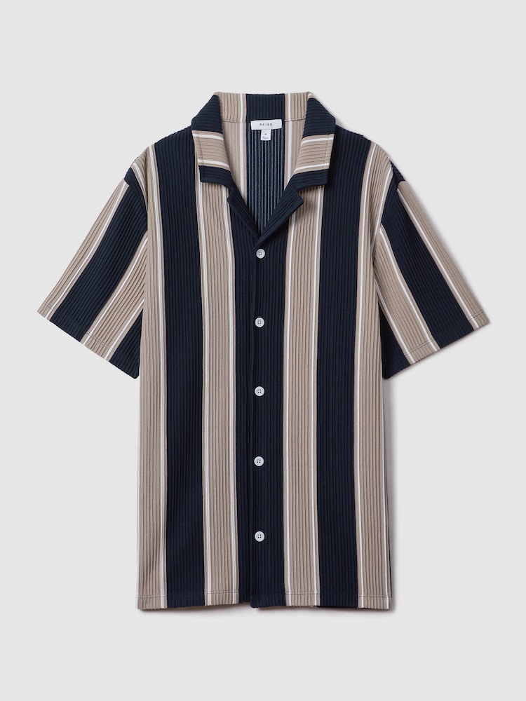 Reiss Navy/Camel Alton Slim Fit Ribbed Cuban Collar Shirt - Image 2 of 6