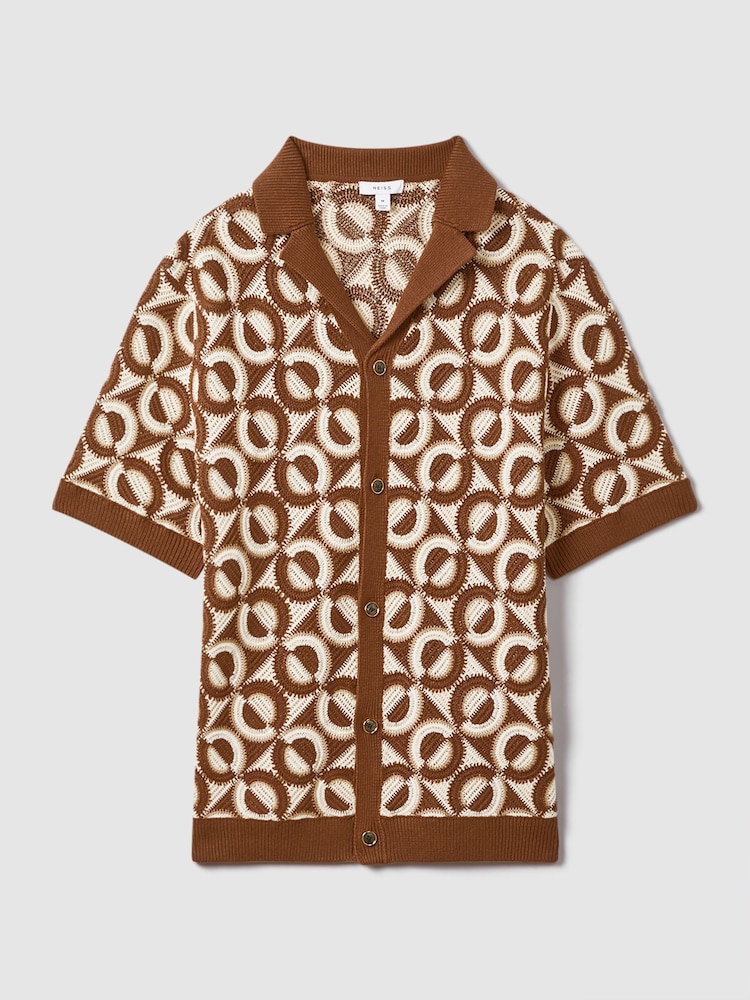 Reiss Tobacco Frenchie Crochet Cuban Collar Shirt - Image 2 of 7 Reiss Tobacco Frenchie Crochet Cuban Collar Shirt - Image 2 of 7