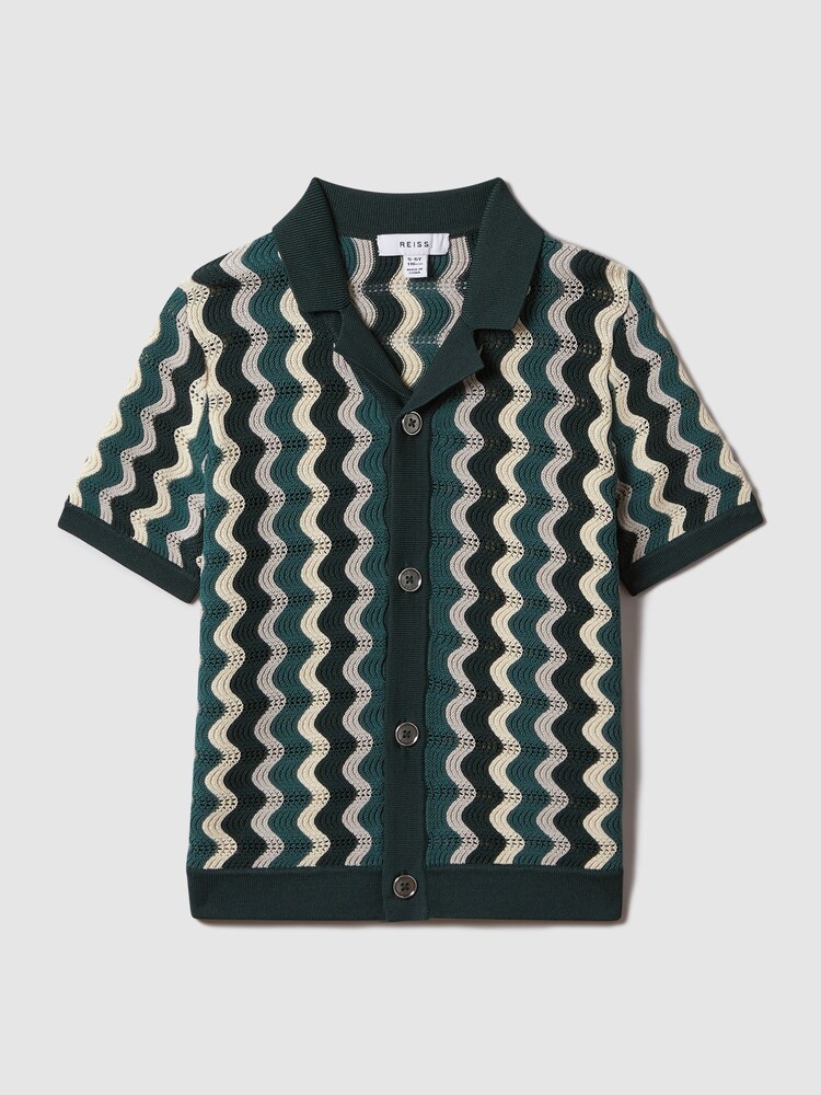 Reiss Green Multi Waves Junior Knitted Cuban Collar Shirt - Image 2 of 6