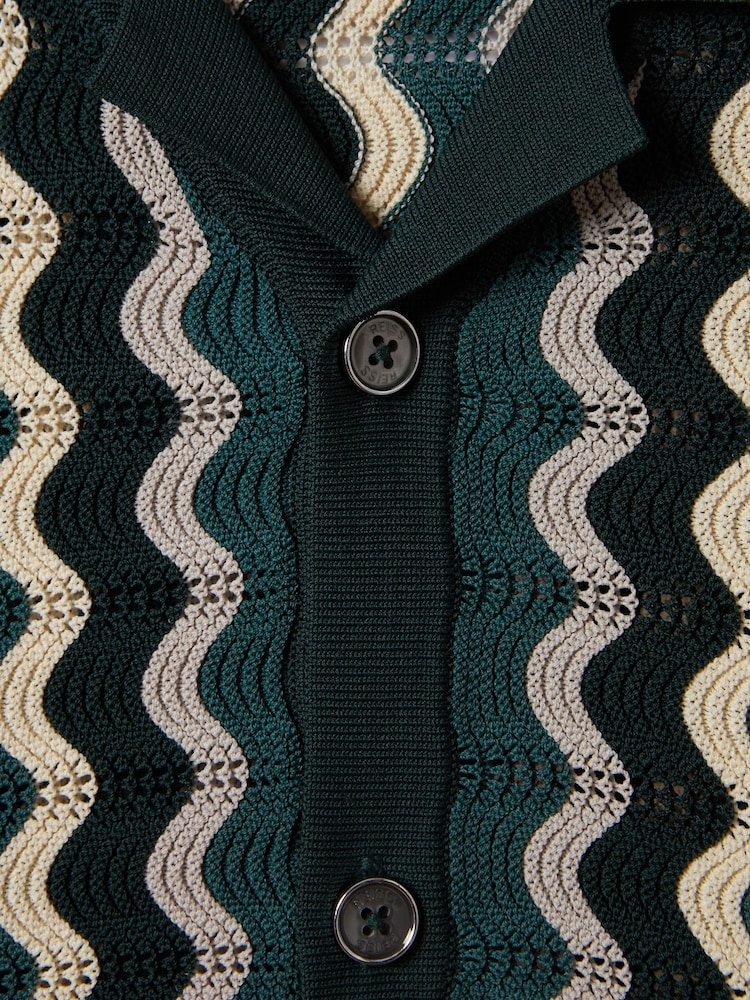 Reiss Green Multi Waves Junior Knitted Cuban Collar Shirt - Image 6 of 6