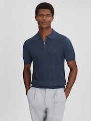 Reiss Blue Smoke Tropic Cotton Half-Zip Polo Shirt - Image 1 of 6