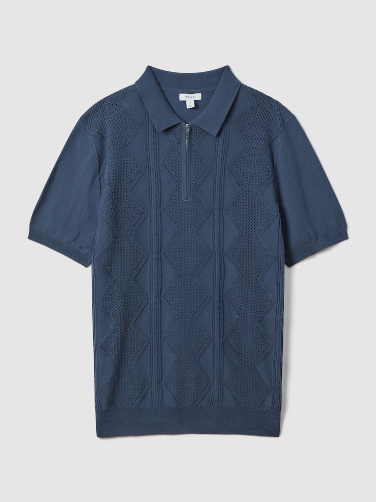 Reiss Blue Smoke Tropic Cotton Half-Zip Polo Shirt - Image 2 of 6