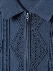 Reiss Blue Smoke Tropic Cotton Half-Zip Polo Shirt - Image 6 of 6
