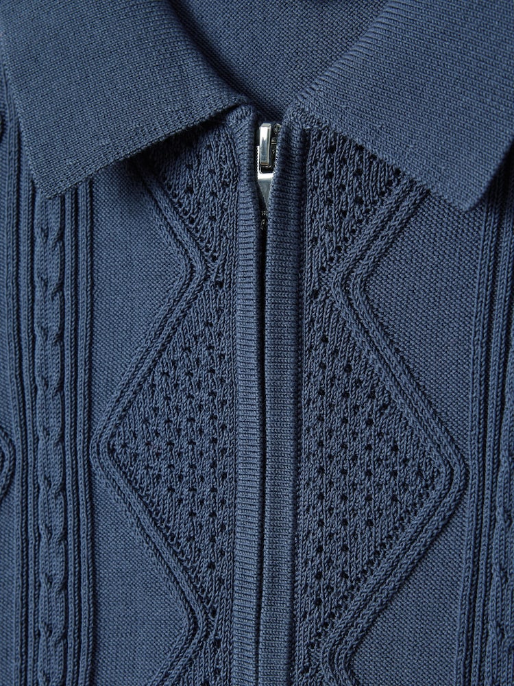 Reiss Blue Smoke Tropic Cotton Half-Zip Polo Shirt - Image 6 of 6