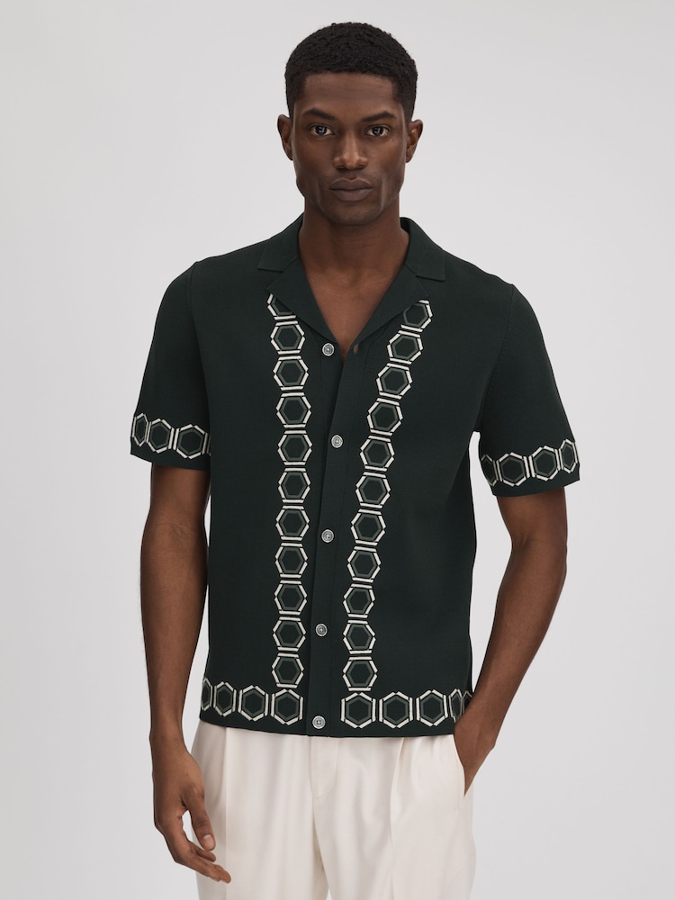Reiss Hunting Green Decoy Knitted Cuban Collar Shirt - Image 1 of 7
