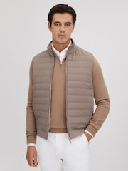 Reiss Mink Cranford Hybrid Quilt and Knit Zip-Through Gilet - Image 1 of 6