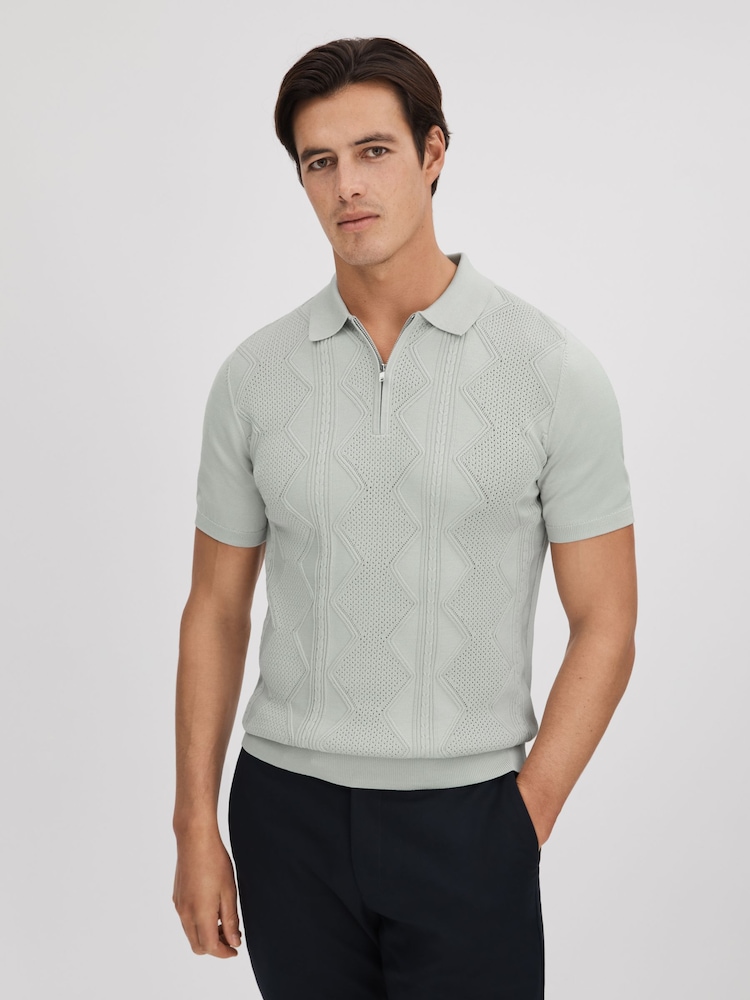 Reiss Pistachio Tropic Cotton Half-Zip Polo Shirt - Image 1 of 5 Reiss Pistachio Tropic Cotton Half-Zip Polo Shirt - Image 1 of 5