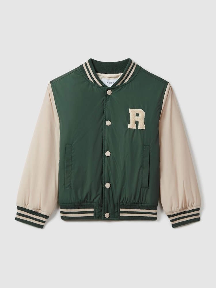 Reiss Airforce Blue/Stone Arkan 3-9 yrs Colourblock Varsity Bomber Jacket With Linen - Image 2 of 4