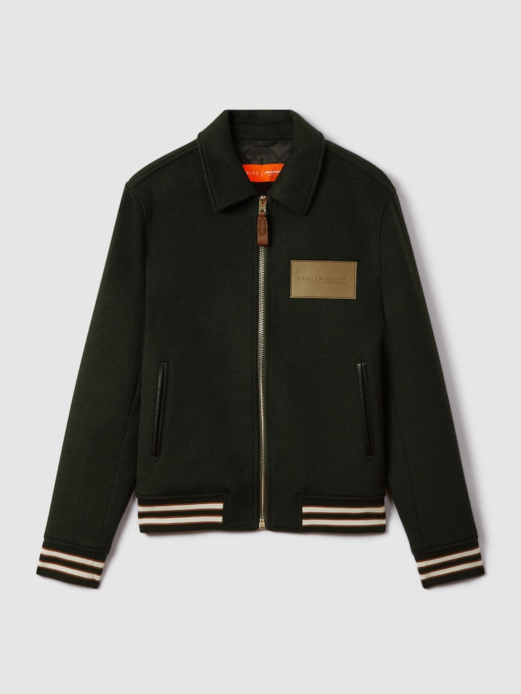 ירוק כהה - McLaren F1 Wool Blend Leather Patch Varsity Bomber Jacket - תמונה 2 מתוך 9