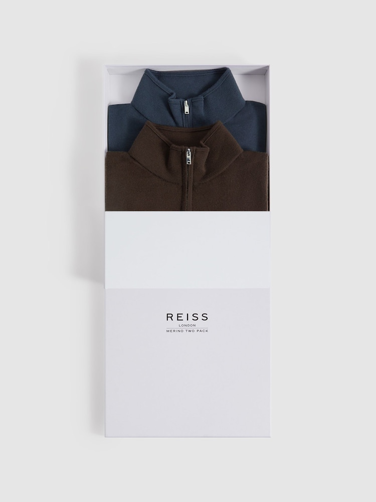 Reiss Bitter Chocolate/Anthracite Blackhall 2 Pack Two Pack Of Merino Wool Zip-Neck Jumpers - Image 1 of 5