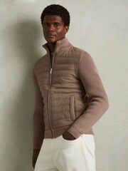 Reiss Mink Southend Hybrid Quilt and Knit Zip-Through Jacket - Image 1 of 6