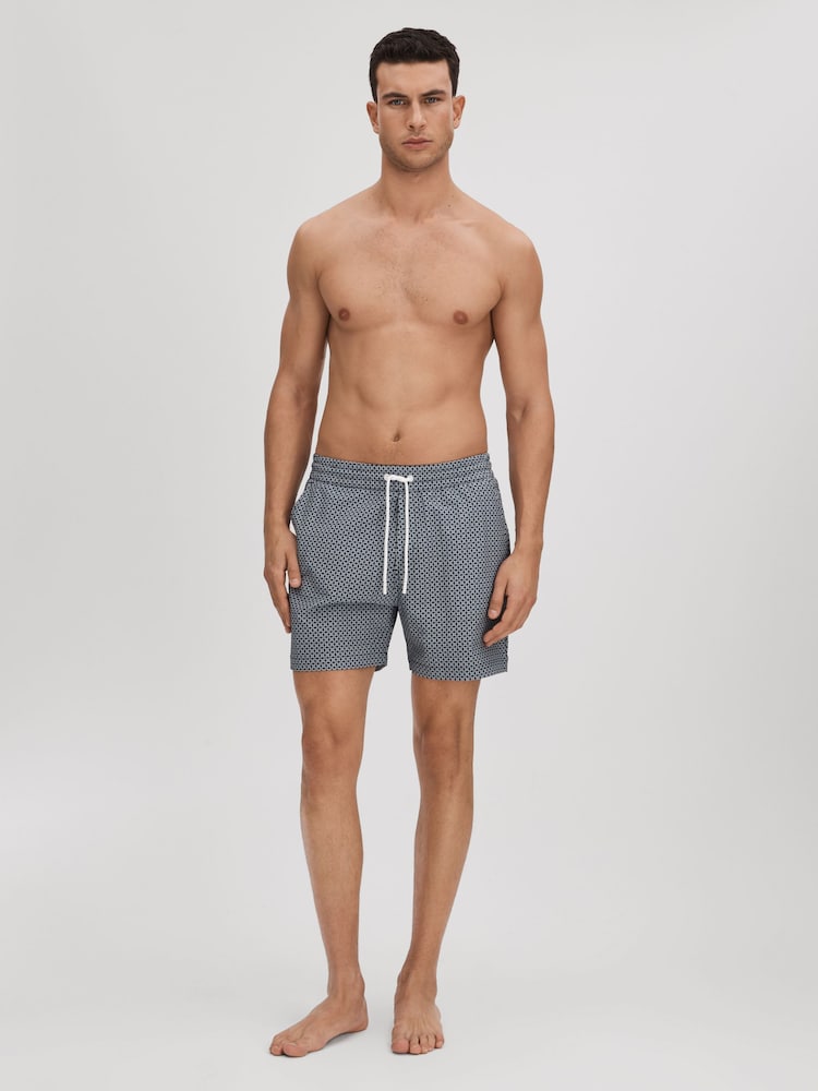 Reiss Airforce Blue/White Shape Printed Drawstring Swim Shorts - Image 1 of 6