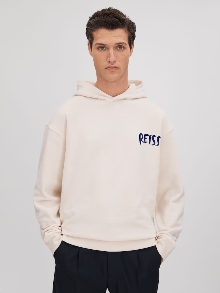Reiss Ecru/Blue Newton Cotton Relaxed Motif Hoodie - Image 1 of 6
