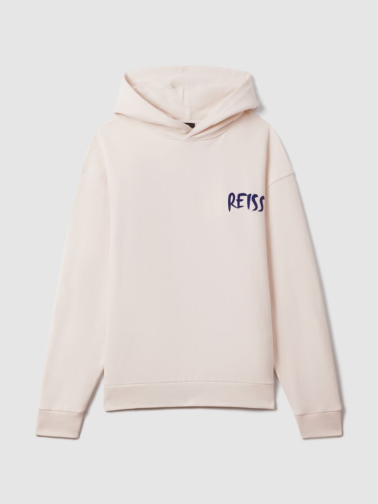 Reiss Ecru/Blue Newton Cotton Relaxed Motif Hoodie - Image 2 of 6