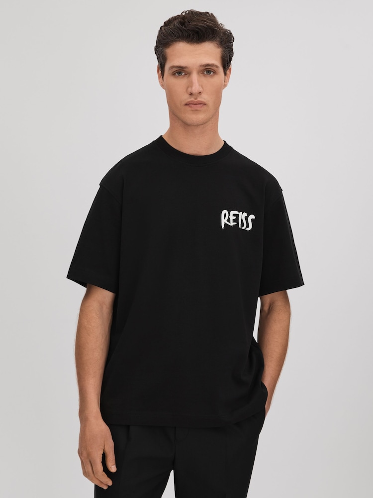 Reiss Black/White Abbott Cotton Motif T-Shirt - Image 1 of 6