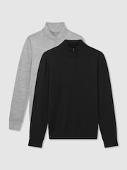Reiss Black/Soft Grey Blackhall 2 Pack 2 Pack Of Merino Wool Zip-Neck Jumpers - Image 1 of 7