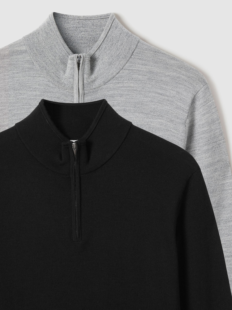Reiss Black/Soft Grey Blackhall 2 Pack 2 Pack Of Merino Wool Zip-Neck Jumpers - Image 7 of 7