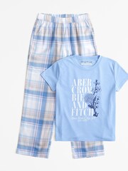 Abercrombie & Fitch Blue Gingham Logo Pyjama Set - Image 1 of 2