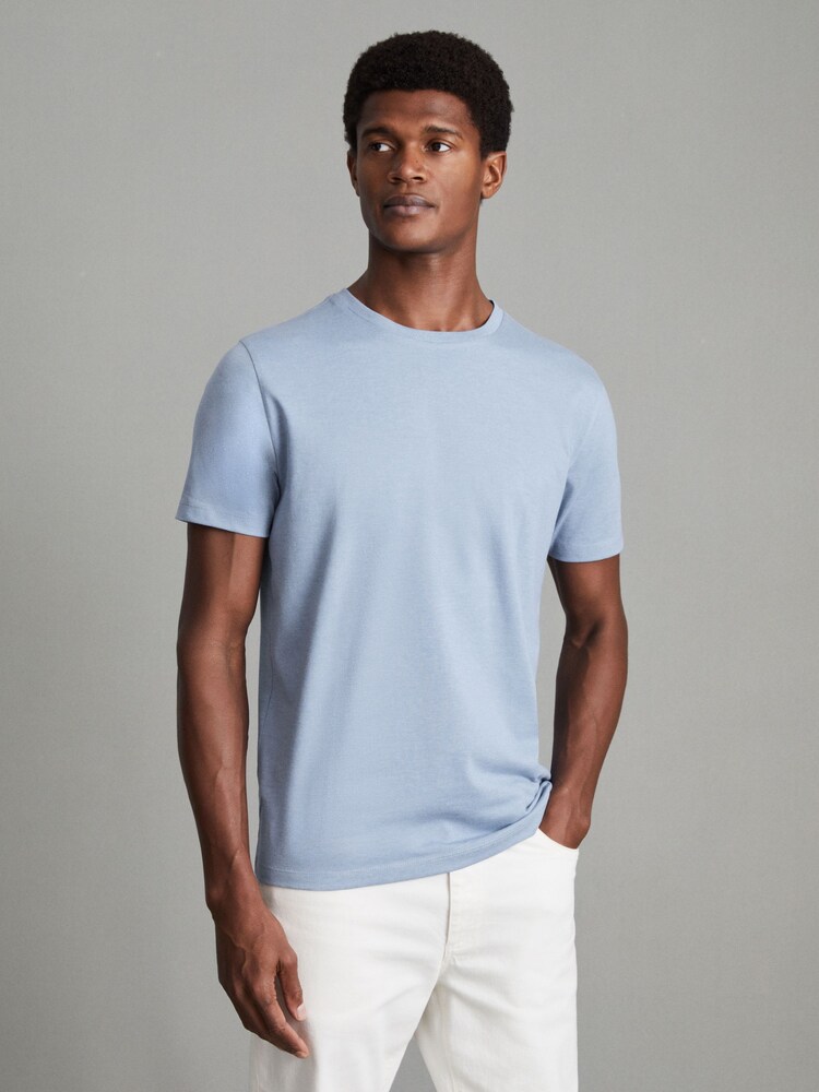 Reiss Delph Blue Melange Bless Cotton Crew Neck T-Shirt - Image 1 of 6 Reiss Delph Blue Melange Bless Cotton Crew Neck T-Shirt - Image 1 of 6