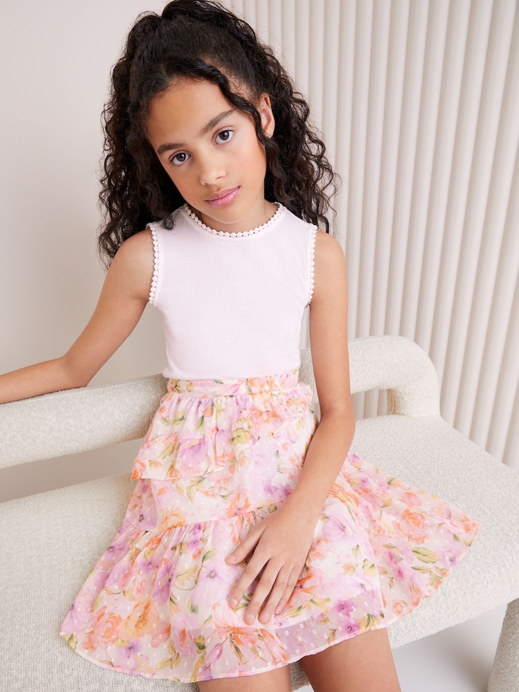 Lipsy White/Pink Chiffon Skirt Dress (5-16yrs) - Image 2 of 4