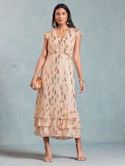 Love & Roses Pink Metallic Ruffle Detail Cap Sleeve Midi Dress - Image 1 of 4