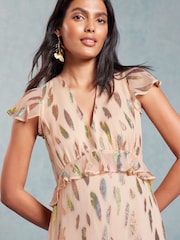 Love & Roses Pink Metallic Ruffle Detail Cap Sleeve Midi Dress - Image 2 of 4