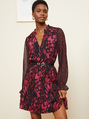 Love & Roses Red Animal Chiffon V Neck Elasticated Sleeve Belted Mini Dress - Image 1 of 4