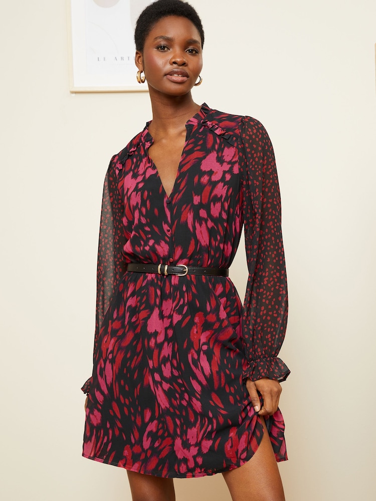 Love & Roses Red Animal Chiffon V Neck Elasticated Sleeve Belted Mini Dress - Image 1 of 4