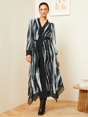 Love & Roses Grey Smudge Printed V Neck Belted Long Sleeve Midi Dress - Image 1 of 4