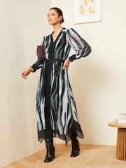 Love & Roses Grey Smudge Printed V Neck Belted Long Sleeve Midi Dress - Image 4 of 4