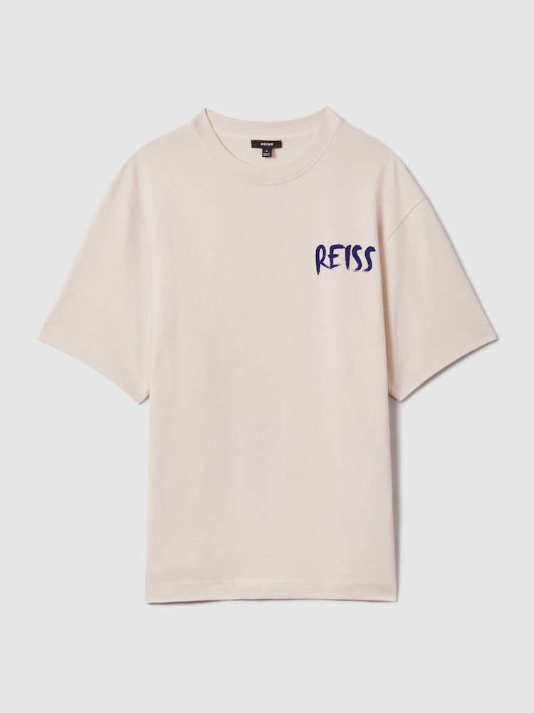Reiss Ecru/Blue Abbott Cotton Motif T-Shirt - Image 2 of 6
