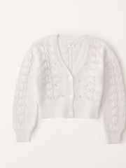 Abercrombie & Fitch Cream Textured Pointelle Cropped V-Neck Knitted Cardigan - Image 1 of 2
