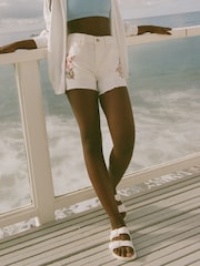 Abercrombie & Fitch Cream Floral Embroidered Denim Shorts - Image 1 of 6
