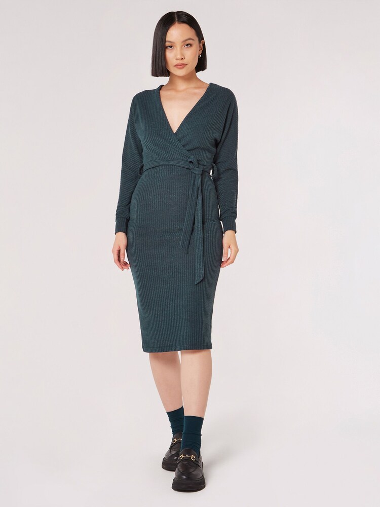 Apricot Green Ribbed Batwing Wrap Midi Dress - Image 1 of 5 Apricot Green Ribbed Batwing Wrap Midi Dress - Image 1 of 5